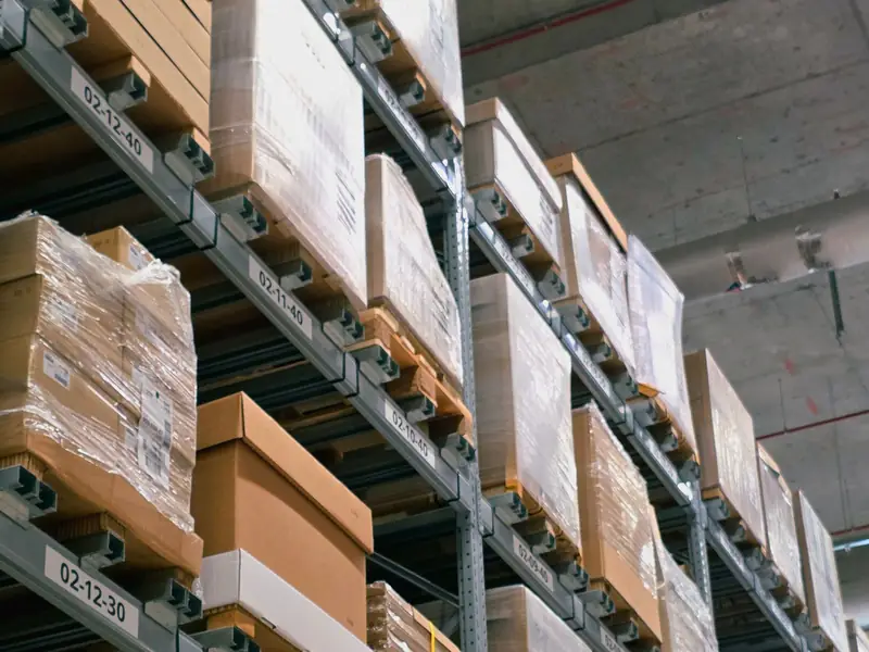 Boxed goods on warehouse pallet racks